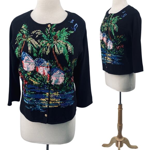Vintage Y2k Michael Simon Sequined Cardigan Beach Island Hut Sweater Black M - Picture 1 of 9
